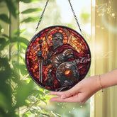 Halloween Raccoon Stained Glass Suncatcher, Round Witch Hat Candy Pumpkin Window Panel, Cute Spooky Fall Home Decor Gift